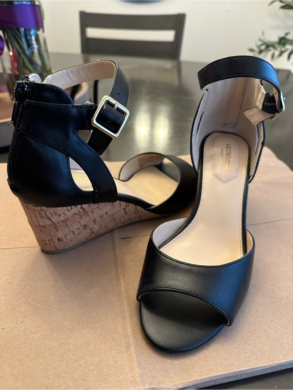 Liz Claiborne Black Open-Toe Cork Wedge Sandals with Ankle Strap